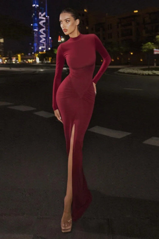 Slim High Neck Slit Bodycon Maxi Dress Burgundy / S