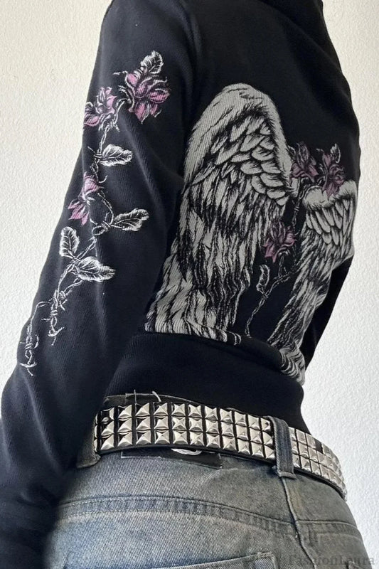 Street Style Wing Print Hoodie Black / XS