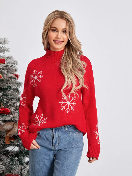 Jacquard Snowflake Long Sleeve Turtleneck Loose Knit Christmas Sweater Sweaters-L