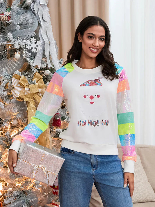 Cute Casual Autumn Patchwork Long Sleeve Sequined Christmas Sweater Sweaters-L