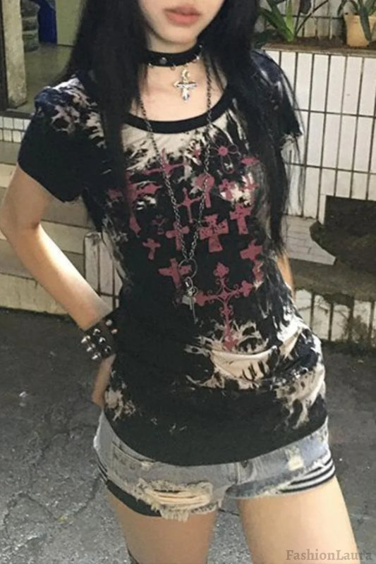 Y2K Print Crop T-Shirt Black / S