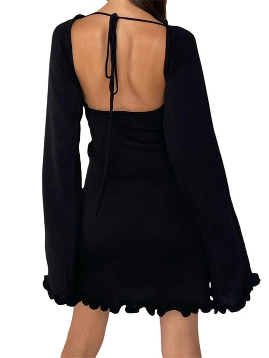 FashionSierra - Knitted Long Flare Sleeve Mini Dress