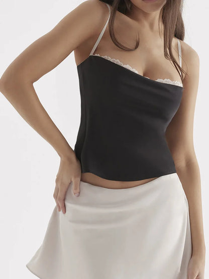 FashionSierra - 2024 Floral Patchwork Camis Retro  Sleeveless Strap Square Neck Low Cut Slim Fit Tank Black Vest Crop Tops