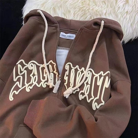 FashionSierra - Vintage Zip Up Letter Print Hoodies
