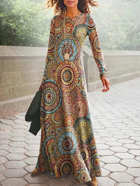 FashionSierra - 2024 Vintage Geometric Print Autumn O Neck Boho Dress