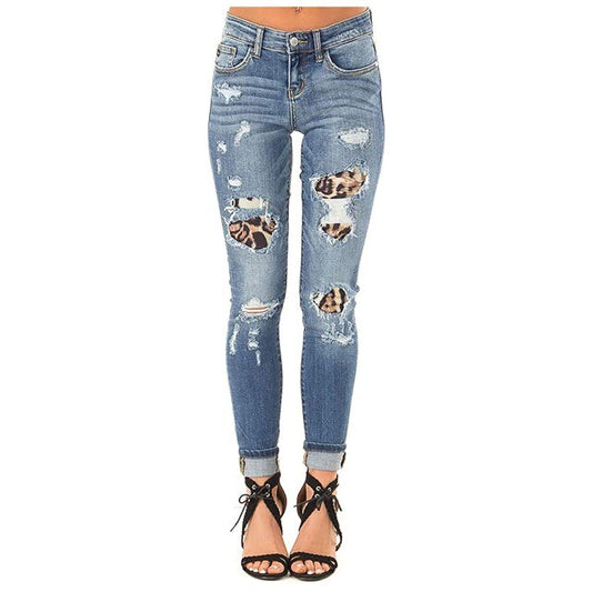 Fashion Women's High Waist Ripped Hole Distressed Leopard Splicing Stretch Denim Pants Skinny Jeans Trousers