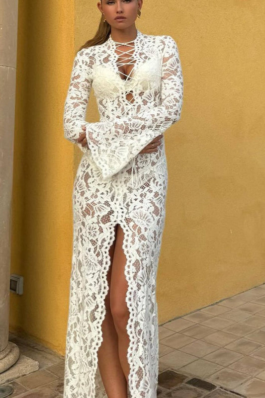 Trendy Lace Tie High Split Lace Dress