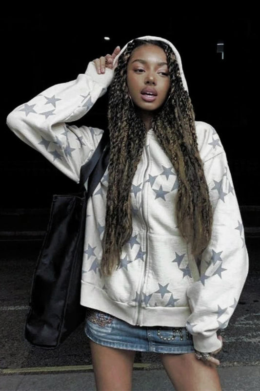 Star Print Zip Up Hoodie