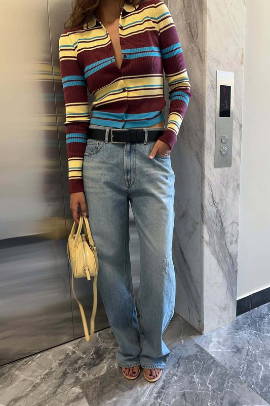 Button Front Stripe Retro Collar Slim Long Sleeve Knit Cardigan