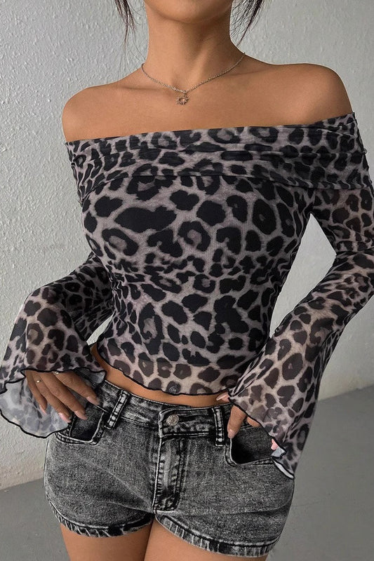Fitted Leopard Mesh Off Shoulder Blouse