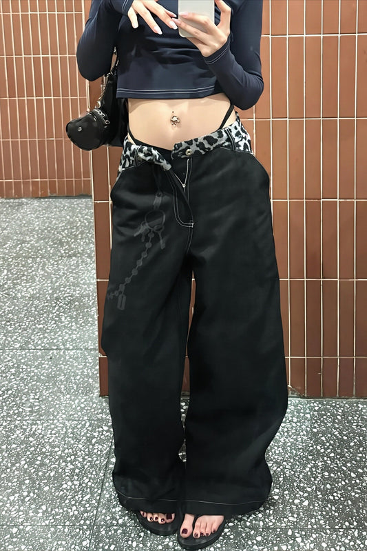 Leopard Waist Washed Wide Leg Jeans