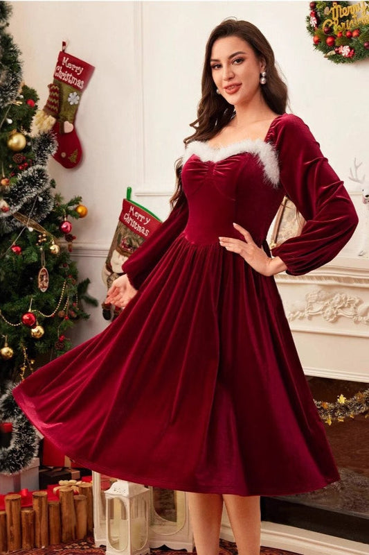Christmas Retro Solid Long-Sleeve Flared Midi Dress