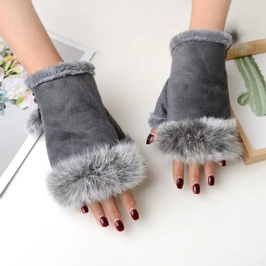 Faux Rabbit Fur Fingerless Winter Warmer Gloves