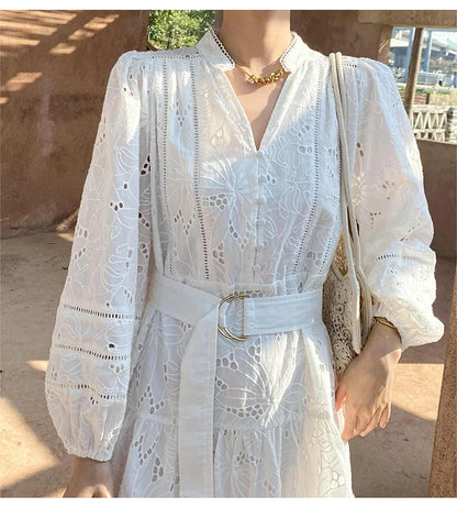 FashionSierra-Cotton  Floral Embroidery  Lace  Long Sleeve  V-neck  White  Belted  Mini  Spring  Summer Boho Dress