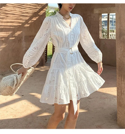 FashionSierra-Cotton  Floral Embroidery  Lace  Long Sleeve  V-neck  White  Belted  Mini  Spring  Summer Boho Dress