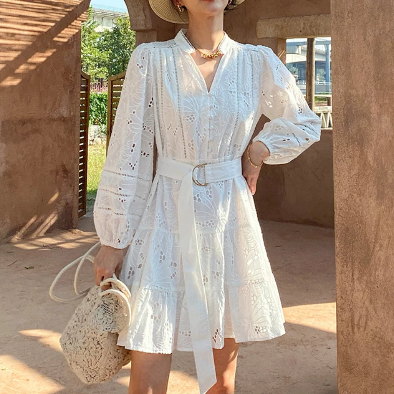 FashionSierra-Cotton  Floral Embroidery  Lace  Long Sleeve  V-neck  White  Belted  Mini  Spring  Summer Boho Dress