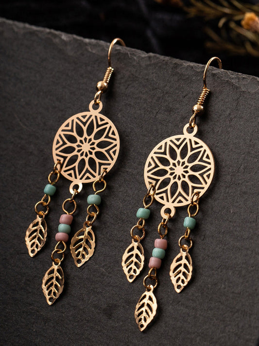 Boho Earrings - Floral Circle Beaded Tassel Leaves