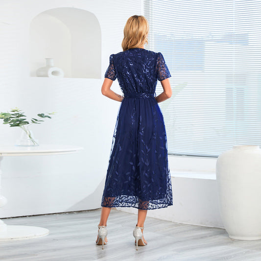 Embroidered Bright Yarn Mesh DressSlim Fit V neck Mid Length Dress