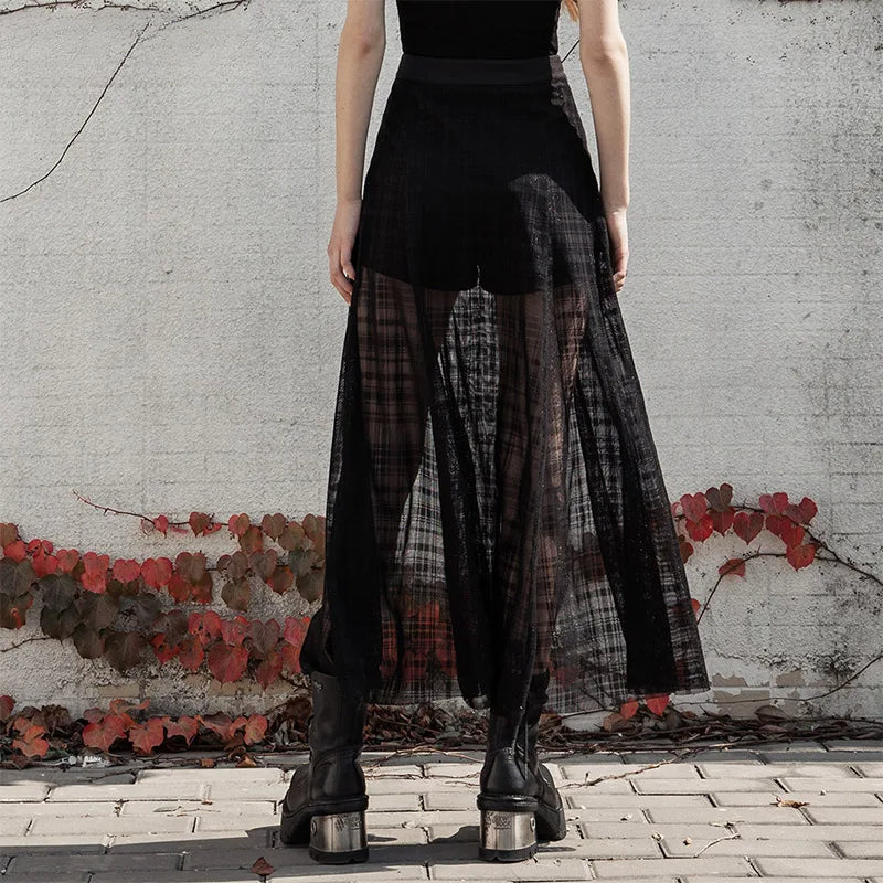 Women's Daily A Shape Mid-length Grid Mesh Forks Pantskirt Gothic Elastic Waist Sexy Casual Long Skirt