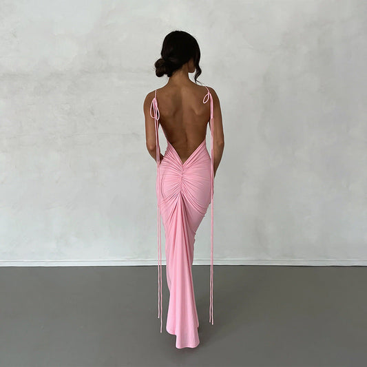 Backless Pleated Dress Evening Dress Sleeveless Strap Dress for