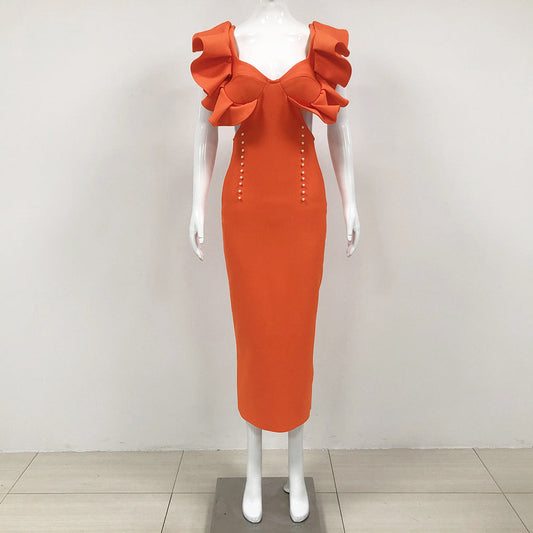 Elegant Orange Retro Bandage Midi Dress High End Dress