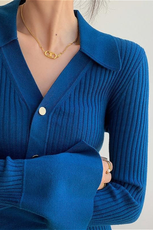 Blue V-Neck Stylish Slim Knit Cardigan
