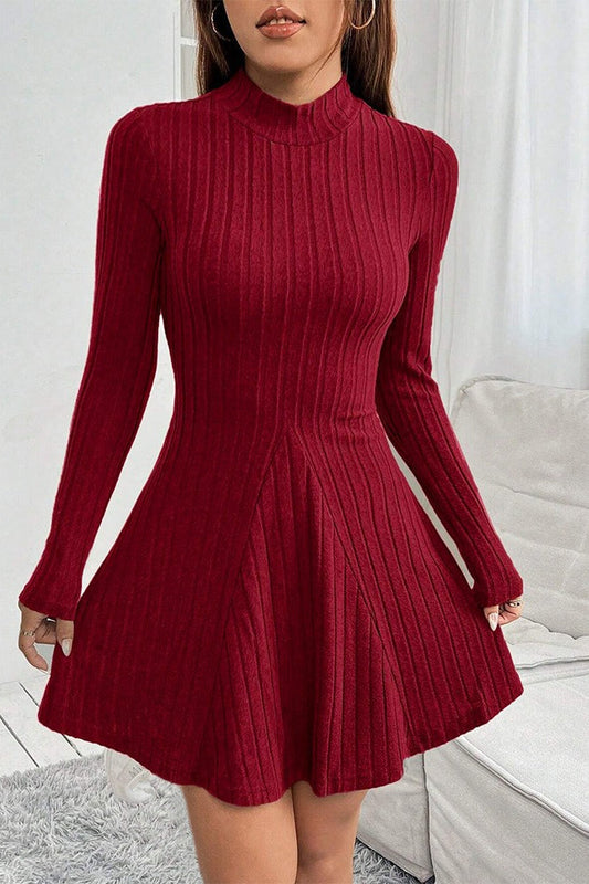 Slim Mock Neck Ribbed Waist-Cinched A Line Sweater Dress