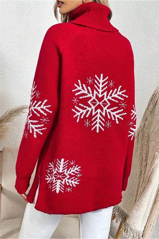 Solid Color Turtleneck Christmas Snowflake Print Sweater