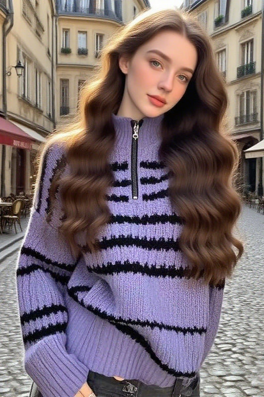 Loose Fit Striped Polo Sweater