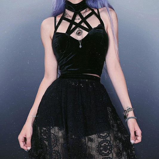 Mysterious Sexy Cross Gothic Casual Hollow Out Summer Crop Top