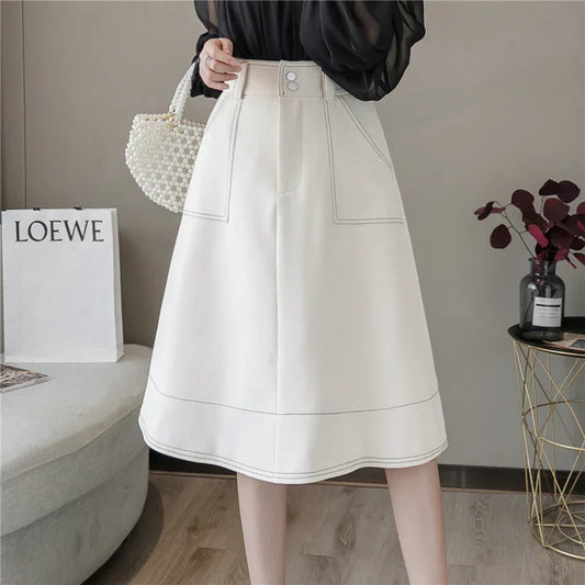 FashionSierra - 2024 New Fashion Hit Color High Waist Women Spring Summer A-Line Knee Length Black/Beige Female Skirt