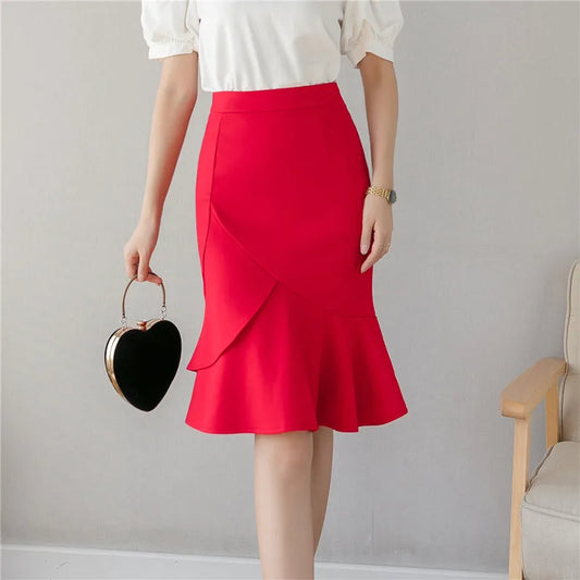 2024 Spring New Women Formal Midi Female High Waist Package Hip Black/Red Office Lady Fishtail Skirt