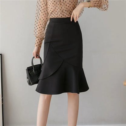 2024 Spring New Women Formal Midi Female High Waist Package Hip Black/Red Office Lady Fishtail Skirt