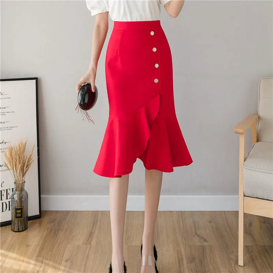 FashionSierra - 2024 Spring Summer New High Waist Single Breasted Ruffles Midi Women Elegant Fishtail Black/Red Skirt