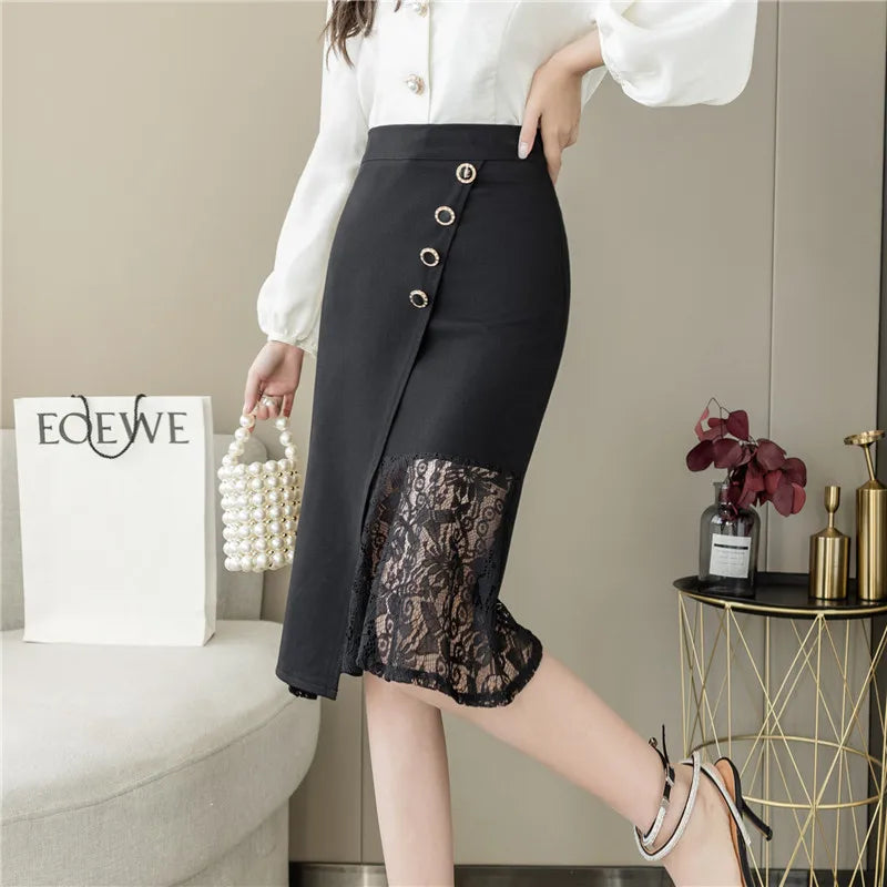 FashionSierra - 2024 New Irregular Lace Patchwork Package Hip Womens Elegant High Waist Midi Spring Summer Office Lady Skirt