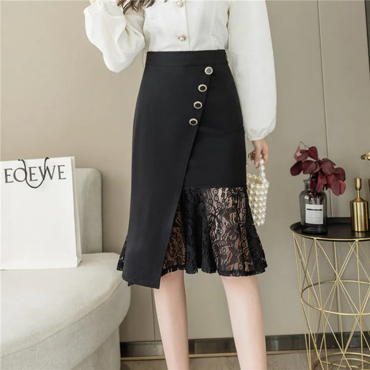 FashionSierra - 2024 New Irregular Lace Patchwork Package Hip Womens Elegant High Waist Midi Spring Summer Office Lady Skirt