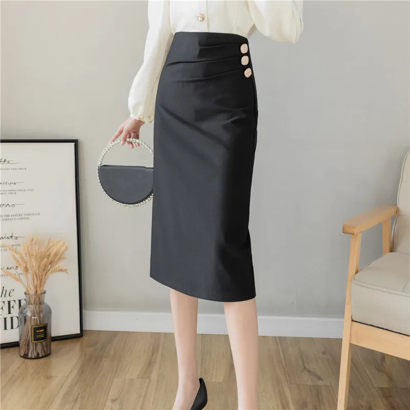 FashionSierra - 2024 New Fashion Button High Waist Pencil Women Spring Summer Formal Midi Lady Elegant Package Hip Skirt