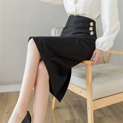 FashionSierra - 2024 New Fashion Button High Waist Pencil Women Spring Summer Formal Midi Lady Elegant Package Hip Skirt