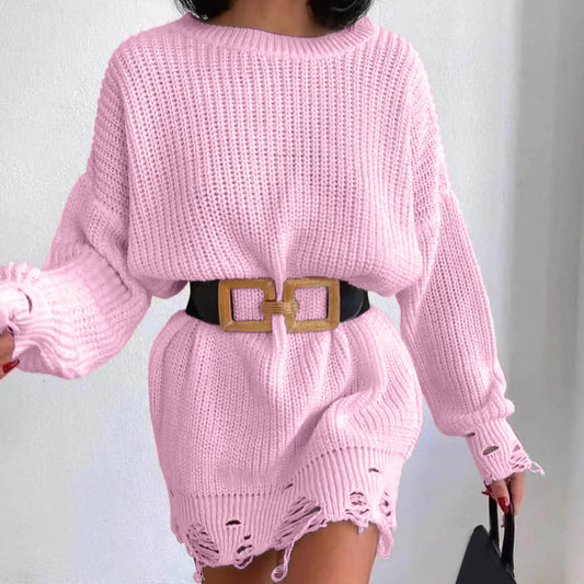 FashionSierra - Autumn Knitted Pullover Solid Office Lady Mini Fashion Warm Winter Sweater Hem Ripped Dress