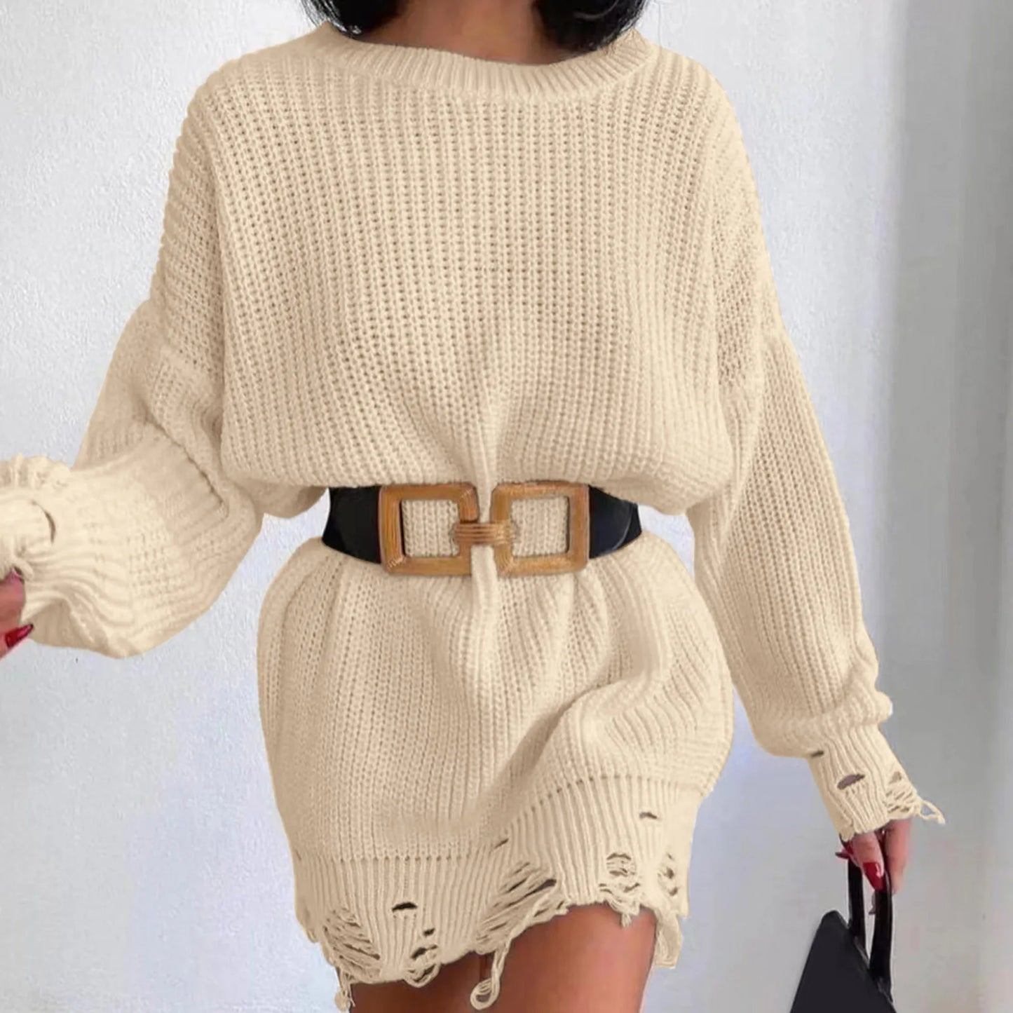 FashionSierra - Autumn Knitted Pullover Solid Office Lady Mini Fashion Warm Winter Sweater Hem Ripped Dress