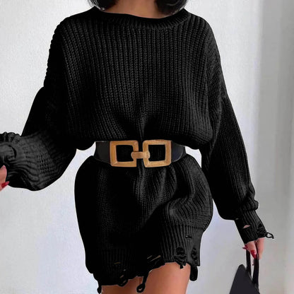 FashionSierra - Autumn Knitted Pullover Solid Office Lady Mini Fashion Warm Winter Sweater Hem Ripped Dress