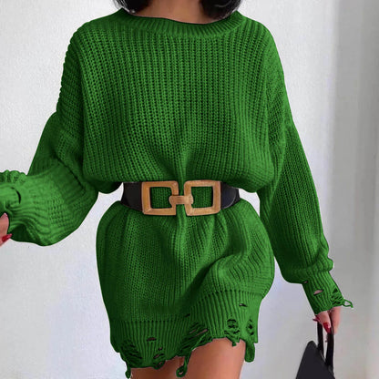 FashionSierra - Autumn Knitted Pullover Solid Office Lady Mini Fashion Warm Winter Sweater Hem Ripped Dress