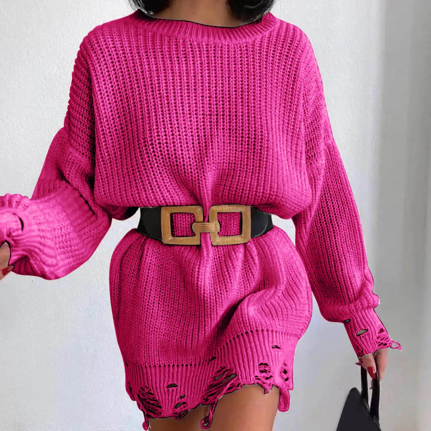 FashionSierra - Autumn Knitted Pullover Solid Office Lady Mini Fashion Warm Winter Sweater Hem Ripped Dress