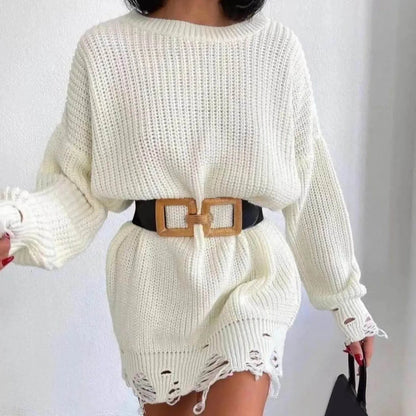 FashionSierra - Autumn Knitted Pullover Solid Office Lady Mini Fashion Warm Winter Sweater Hem Ripped Dress