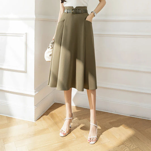 FashionSierra - 2024 New Women Midi Spring Summer Fashion High Waist A-line Long Ladies Casual Pockets Umbrella Skirt