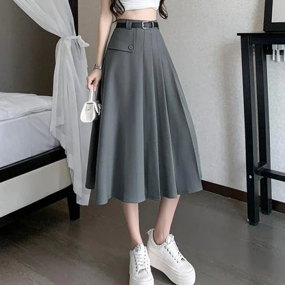 FashionSierra - 2024 Autumn New High Waist A-line Pleated Women Gray Fashion Suit Korean Ladies Spring Mid-length Skirt