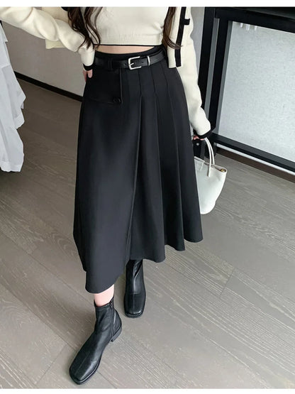 FashionSierra - 2024 Autumn New High Waist A-line Pleated Women Gray Fashion Suit Korean Ladies Spring Mid-length Skirt