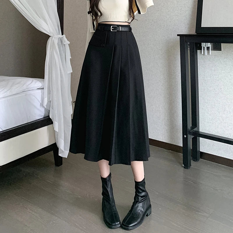 FashionSierra - 2024 Autumn New High Waist A-line Pleated Women Gray Fashion Suit Korean Ladies Spring Mid-length Skirt