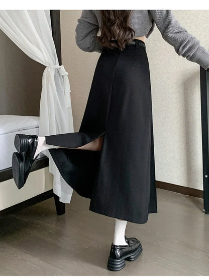 FashionSierra - 2024 Autumn New High Waist Pleated Korean Women Gray Suit Long Ladies Fashion A-line With Belt Skirt