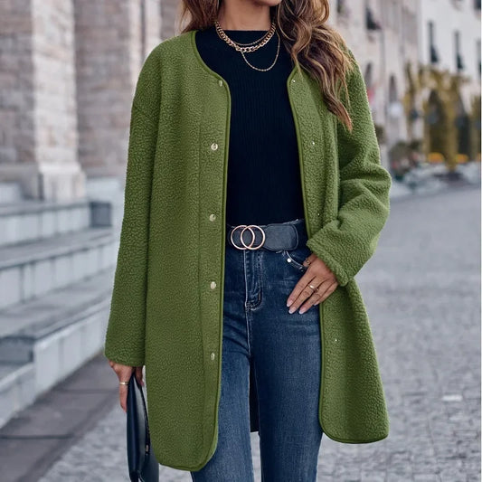 Color Round Neck Long Sleeve Single Breasted Mid Length Fashion Casual Formal Coat